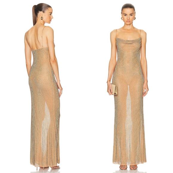 Retrofete Shilo Crystal Embellished Silk Sheer Cowl Neck Gold Maxi Dress Sz M - Picture 1 of 13